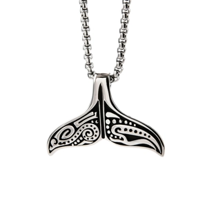 Viking style whale tail pendant necklace in silver stainless steel with totem patterns