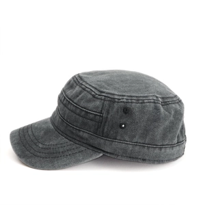 Side view of vintage washed dark grey cadet cap with metal eyelets and reinforced stitching