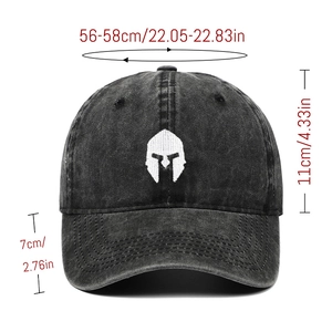 Size guide for washed grey baseball cap featuring knight helmet embroidery details