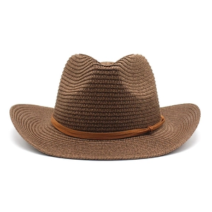 Classic brown woven straw cowboy hat with orange band on a clean white background
