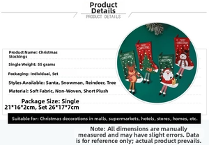 Detailed view of plush Christmas stockings with Santa, snowman and reindeer designs