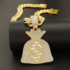 Collier Pendentif Sac d'Argent Hip Hop Iced Out Alliage Strass Pendentif Signe Dollar Avec Chaîne Cubaine Bijoux Punk Homme Femme