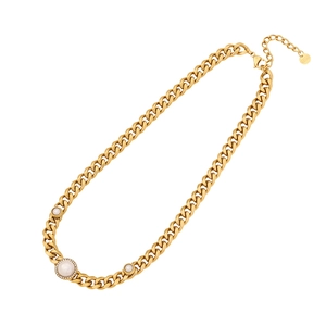 Golden stainless steel Cuban chain necklace featuring three inset circular white pearls