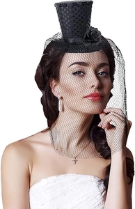 Detail of mini black sequin top hat with mesh veil and rose decoration for Halloween