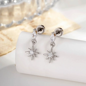 Star Pendant Cartilage Earring With Titanium Steel Post Copper Zircon Marquise Stone Screw Back Silver Color Niche