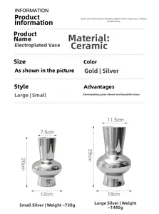 Size chart for silver electroplated ceramic vases showing dimensions and specifications