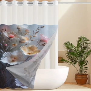 Detail of waterproof fabric shower curtain featuring artistic floral print and metal rings
