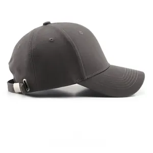 Detailed side view of dark grey cotton baseball cap with adjustable metal buckle strap