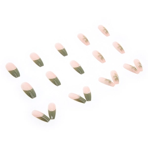 Coffin press-on nails set with nude pink base, French tips, white flowers, and pearls