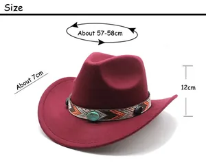 Size chart showing 57-58cm head circumference for the burgundy wool felt cowboy hat