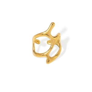 Irregular fluid gold stainless steel open ring with liquid metal lava aesthetic design