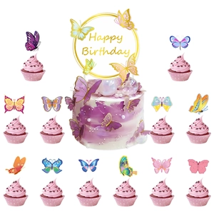 Golden butterfly Happy Birthday cake topper set with assorted colorful butterfly picks