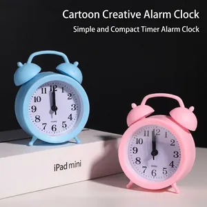 Detail view of sky blue and light pink creative cartoon twin bell quartz alarm clocks