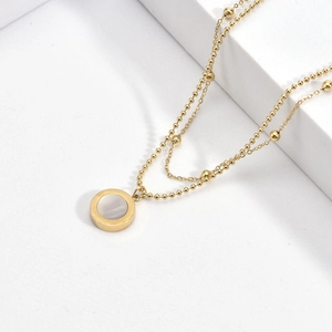 18k gold double-layered necklace with shell pendant and Roman numeral engraving