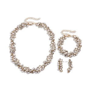 Ensemble bijoux trois pièces doré avec perles d'imitation et diamants en cristal