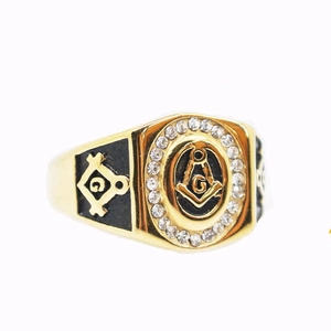 Vintage gold and black Masonic ring with G symbol and sparkling stones for men
