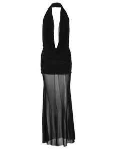 Sultry black mesh patchwork dress with deep V-neck and halter neck design for party style