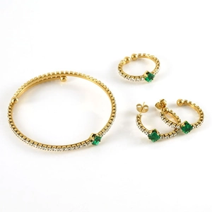 Parure de bijoux plaqué or 18 carats avec pierre verte et diamants pour femme