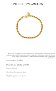 Detailed specs of S925 silver rope chain bracelet in 18K gold finish, 22cm length