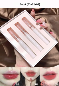 Three-piece mirror water light lip glaze set showing shades 01, 02, and 03 on lips