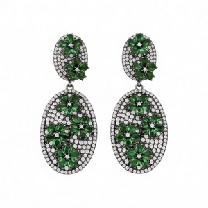 Vintage gunmetal dangle earrings with white cubic zirconia and green marquise floral gems