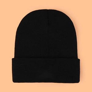 Classic black ribbed knit beanie hat for winter, minimalist stylish warm skull cap