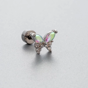 Surgical steel iridescent butterfly cartilage stud with sparkling zircon gemstones