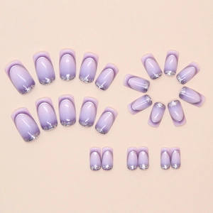 Purple gradient press-on nails with silver glitter and French style shimmer detail