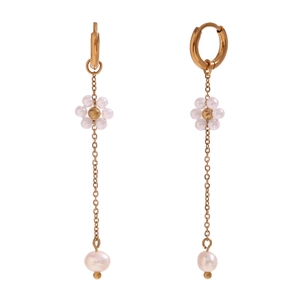 18K gold plated stainless steel hoop earrings with handmade pearl flower tassels