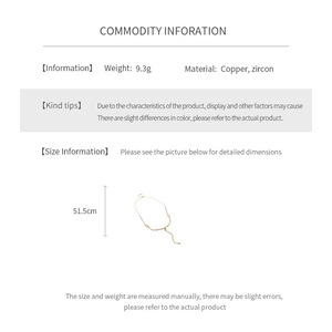 Detailed size info for copper and zircon necklace with 51.5cm length and 9.3g weight