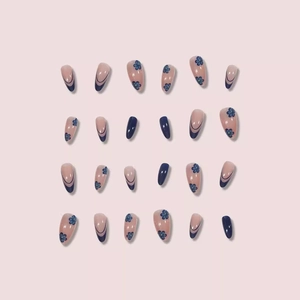 24pcs Blue Floral Press-on Nails in Almond Shape with French Tips and Elegant Pink Accents
