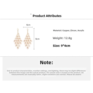 Detailed size chart of gold tassel earrings made of copper, zircon and acrylic