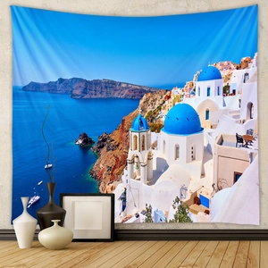 Santorini landscape tapestry featuring blue domed churches for home wall decoration