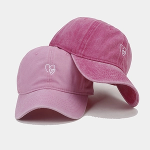 Washed cotton baseball cap with heart embroidery in light and deep pink vintage style