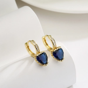 Elegant 18K gold plated heart earrings with deep blue gemstones and zircon inlay