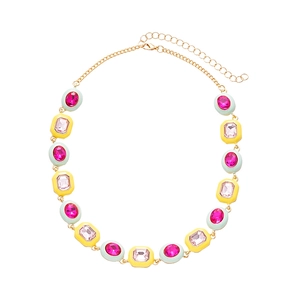Colorful geometric enamel necklace with crystals on gold-plated link chain