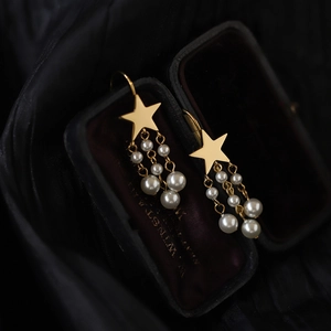 Star Tassel Drop Earrings Titanium Steel Gold Color With Glass Artificial Pearls Meteor Shower Style Elegant For Women