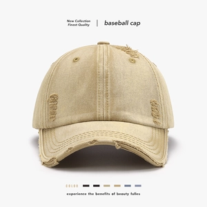 Washed Cotton Baseball Cap Vintage Distressed Hole Sun Hat Breathable Outdoor Adjustable Streetwear Unisex
