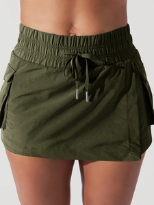 Women Casual Cargo Skorts With Pockets Drawstring Elastic Waist Layered Athletic Yoga Short Skirts For Fitness Running