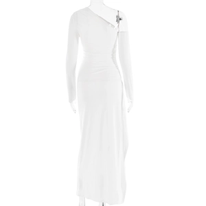 Detail view of white one-shoulder long sleeve maxi dress with backless cutout design