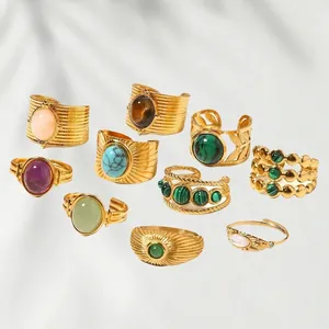 Vintage 18k gold plated stainless steel rings set with various gemstones for women