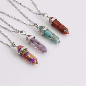 Hexagonal Column Crystal Stone Pendant Necklace Stainless Steel Chain Healing Energy Gemstone Jewelry For Women Men