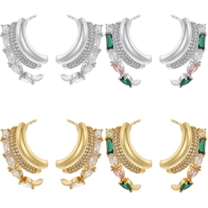 C Shape Multi Layer Stud Earrings Brass Inlaid Colored Zircon Geometric Ins Style For Women Elegant Accessories