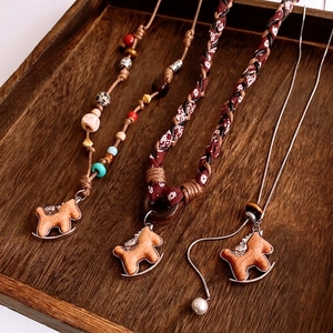 Rocking Horse Pendant Necklace Wood Fabric Copper Long Sweater Chain Retro Handcrafted Bohemian Jewelry For Women