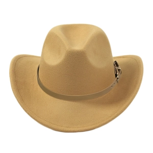 Classic camel wool felt cowboy hat with upturned brim and decorative metal buckle belt