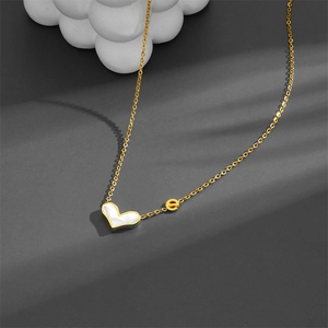 Gold heart shell pendant necklace with letter e charm on O-chain for women