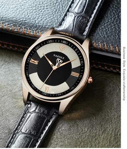 Close-up of YAZOLE men business watch with rose gold case and black leather strap