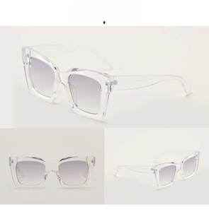 Detail view of square transparent grey sunglasses with gradient lenses from three angles