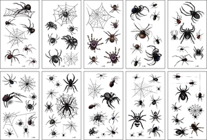 Detailed grid view of ten assorted spider and spiderweb themed temporary tattoo stickers