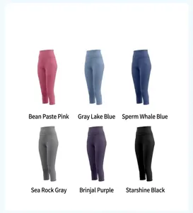 Detailed grid display of high-waisted capri yoga leggings in six various athletic colors